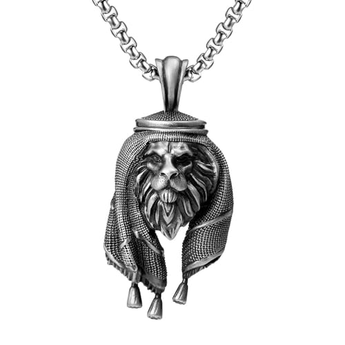 RZRPYFMM Männer Arabischer Löwenkopf Reines Zinn Anhänger, Wikinger Vintage Löwenkopf Halskette,Silber,Pendant + Chain 50cm von RZRPYFMM
