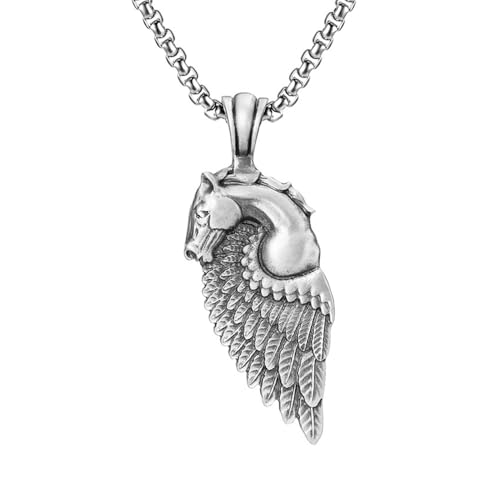 RZRPYFMM Männer Feder Reines Zinn Anhänger, Viking Gothic Vintage Pferdekopf Halskette,Silber,Single Pendant von RZRPYFMM
