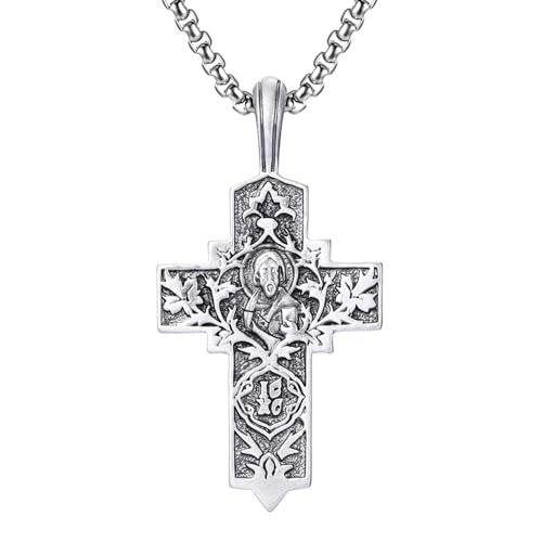 RZRPYFMM Männer Kreuz Jesus Reines Zinn Anhänger, Gothic Mode Christliches Kreuz Halskette,Silber,Pendant + Chain 70cm von RZRPYFMM