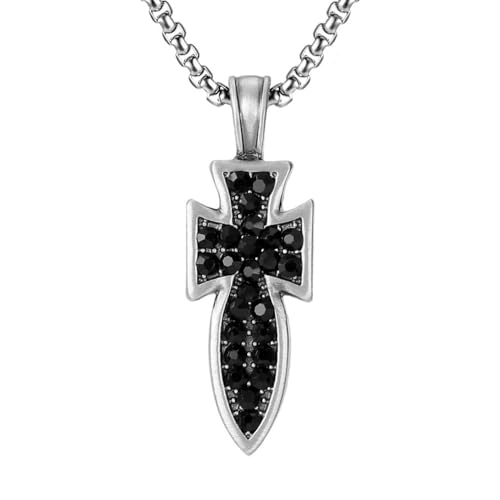 RZRPYFMM Männer Reines Zinn Christliche Kreuz Anhänger, Gothic Diamond Cross Halskette,Silber,Pendant + Chain 70cm von RZRPYFMM