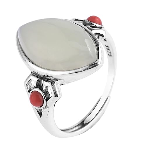 RZRPYFMM S925 Silber Und Hetian Jade Ring Für Damen, Einfache Und Stilvolle Sterling Silber Ring,Silber,9 von RZRPYFMM