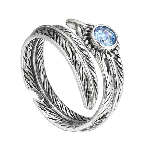 RZRPYFMM S925 Sterling Silber Herren Feder Saphir Ring, Gothic Öffnung Einstellbare Mode-Schmuck,Silber,10# von RZRPYFMM