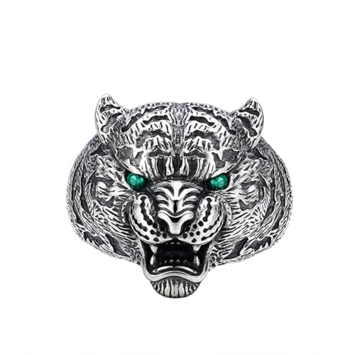 RZRPYFMM S925 Sterling Silber Herren Tiger Kopf Ring, Gothic Öffnung Einstellbare Mode-Schmuck,Silber,11# von RZRPYFMM