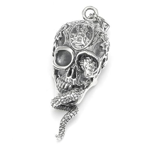 RZRPYFMM S925 Sterling Silber Herren Totenkopf Python Anhänger, Gothic Vintage Hanf Seil Klatsch Halskette,Silber,Pendant + Chain 70cm von RZRPYFMM