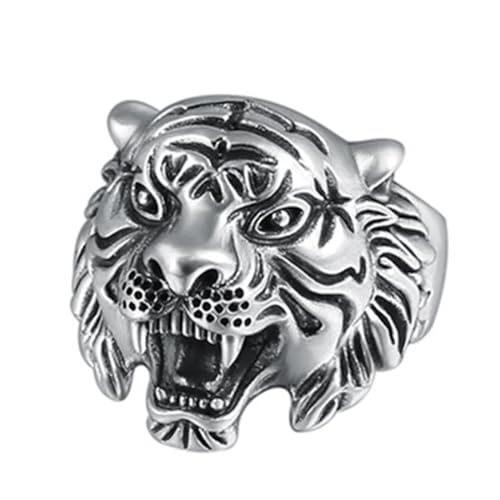 RZRPYFMM S925 Sterling Silber Herren Vintage Tiger Kopf Ring, Gothic Öffnung Einstellbare Mode-Schmuck,Silber,12# von RZRPYFMM