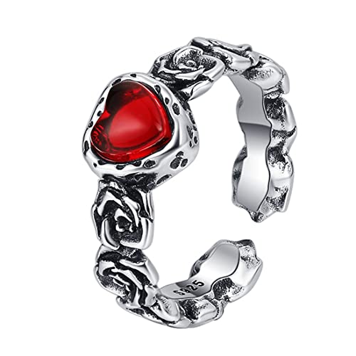 RZRPYFMM S925 Sterling Silber Rot Zirkonia Frauen Mode Ring Mit Eingraviertem Muster Vintage Sterling Silber Ring,Silber,6 von RZRPYFMM
