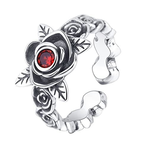 RZRPYFMM S925 Sterling Silber Rot Zirkonia Rose Kette Damen Ring, Nische Mode Personalisierte Sterling Silber Ring,Silber,7 von RZRPYFMM