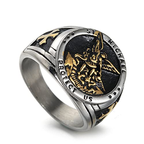 RZRPYFMM Saint Michael Erzengel Siegelring Männer Und Frauen Edelstahl Amulett Katholischer Punk Rock Kreatives Schmuckgeschenk,Gold,13 von RZRPYFMM