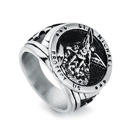 RZRPYFMM Saint Michael Erzengel Siegelring Männer Und Frauen Edelstahl Amulett Katholischer Punk Rock Kreatives Schmuckgeschenk,Silber,7 von RZRPYFMM