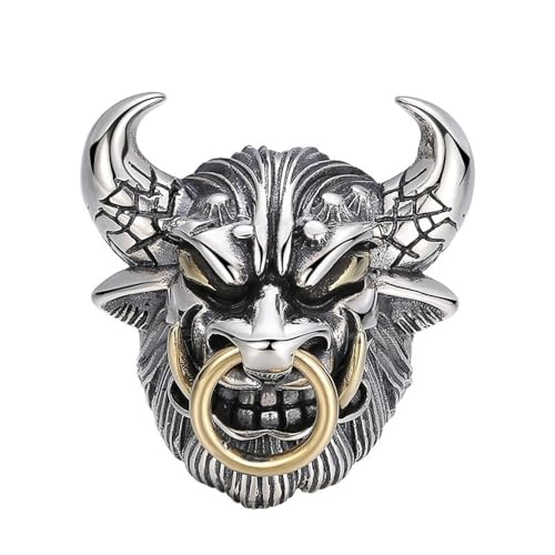 RZRPYFMM Stierkopfring, Nordic Viking Taurus Stierkopfring, Retro-Tribal-Motorradring Herren Punk-Tier-Schmuckgeschenk,Silber,14 von RZRPYFMM