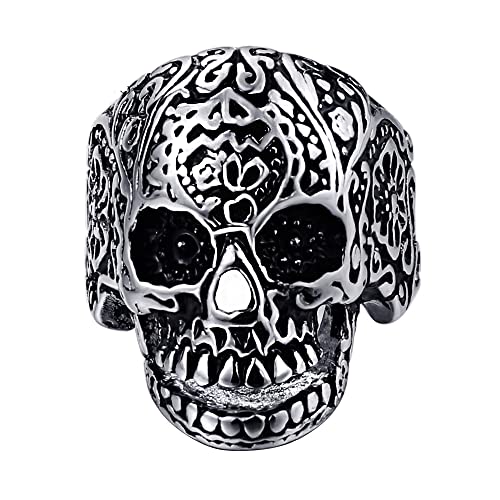 RZRPYFMM Totenkopf Geisterkopf Geschnitzter Ring Gothic Totenkopf Ring Motorradring Edelstahl Siegelring Herren Accessoires Religiöser Schmuck,Silber,8 von RZRPYFMM