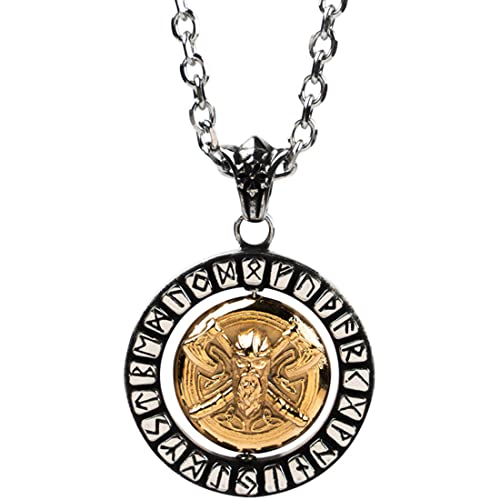 RZRPYFMM Viking Rune Odin Doppelaxt Anhänger Halskette Nordischer Keltischer Knoten Trinity Drehbarer Anhänger Halskette Herren Mythischer Schmuck,Gold,60cm von RZRPYFMM