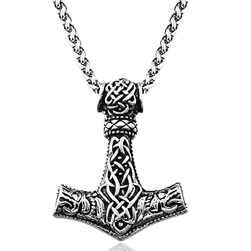 RZRPYFMM Viking Thors Hammer Edelstahl Halskette Anhänger Keltischer Knoten Anhänger Männer Und Frauen Skandinavischer Doppel Wolfskopf Halskette Schmuck,Silber,BS chain 60 von RZRPYFMM