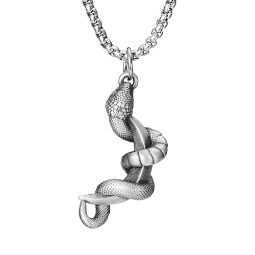 RZRPYFMM Wikinger Schlange Reines Zinn Anhänger, Herren Gothic Vintage Moon Halskette,Silber,Pendant + Chain 60cm von RZRPYFMM