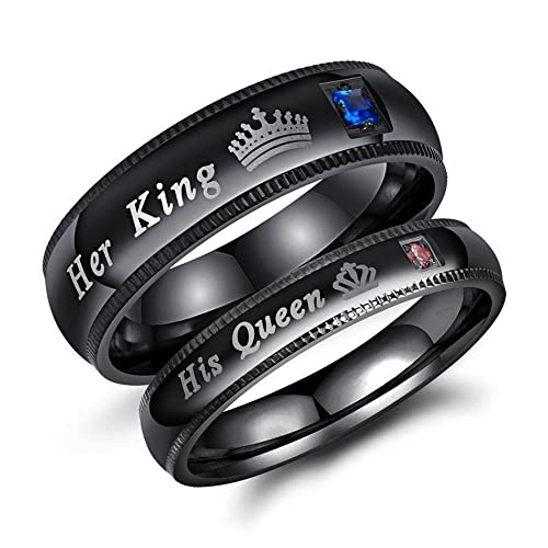 RZRPYFMM Zweiteiliger Paarring Seine Königin Ihr König Strasssteine Eingelegte Krone Edelstahl Ehering Herren- Und Damen Titanring Set Romantischer Schmuck,Schwarz,13 von RZRPYFMM