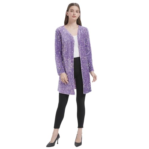 RZTA Damen Sparkling Pailletten Jacke Sparkly Blazer Open Front Glitter Cardigan Langarm Mantel für Casual Party Cocktail, Helles Violett, Small von RZTA