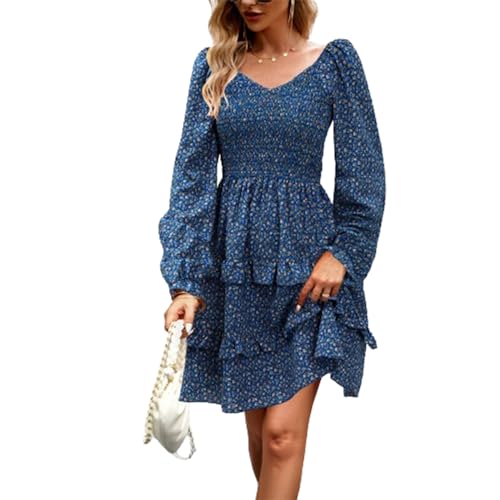 RZYW Dress for Women Long Sleeve T-Shirt Dress for Women Casual Swing Print Dress Outfit Women Winter Round Neck Contrast Panel Long Sleeve Slim Fit Elegant Festive Christmas Dresses,Blau,XL von RZYW