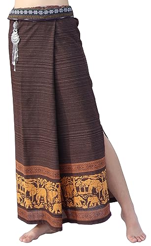 RaanPahMuang Wickelrock aus gemischter Baumwolle mit Blumengürtel, Family Elephants - Dunkelbraun, X-Groß von RaanPahMuang