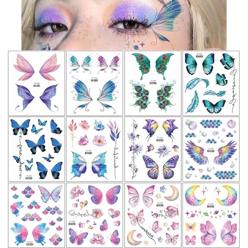 RabbFit 12 Sheets Glitter Butterfly Temporary Tattoo Stickers for Women Girls Butterfly Face Tattoos Eyes Face Makeup Decoration Flash Fairy Wings von RabbFit