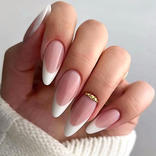 RabbFit Pack of 24 Medium French Tip Press on Nails Almond Nude Gradient White Fake Nails Full Cover Artificial Nails Glossy Nude Stick on Nails for Women von RabbFit