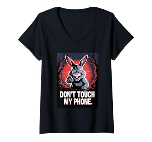 Damen Bunny Angry Fass Mein Handy Nicht an T-Shirt mit V-Ausschnitt von Rabbit Cute & Furious Horror Art