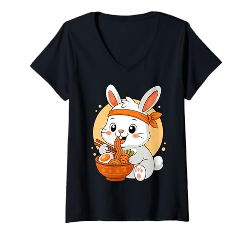 Damen Kawaii Rabbit Isst Ramen-Grafik Japanisches Kaninchen-Motiv T-Shirt mit V-Ausschnitt Damen Kawaii Rabbit Isst Ramen-Grafik Japanisches Kaninchen-Motiv T-Shirt mit V-Ausschnitt von Rabbit Eating Ramen Funny Japanese Kawaii Design