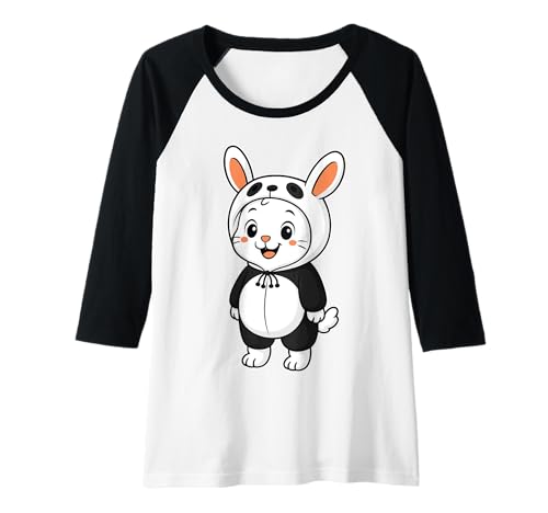 Damen Kawaii Kaninchen im Panda Kostüm für Mädchen Kinder Kaninchenliebhaber Raglan von Rabbit In Panda Costume Kawaii Design