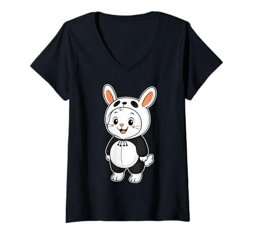 Damen Kawaii Kaninchen im Panda Kostüm für Mädchen Kinder Kaninchenliebhaber T-Shirt mit V-Ausschnitt Damen Kawaii Kaninchen im Panda Kostüm für Mädchen Kinder Kaninchenliebhaber T-Shirt mit V-Ausschnitt von Rabbit In Panda Costume Kawaii Design