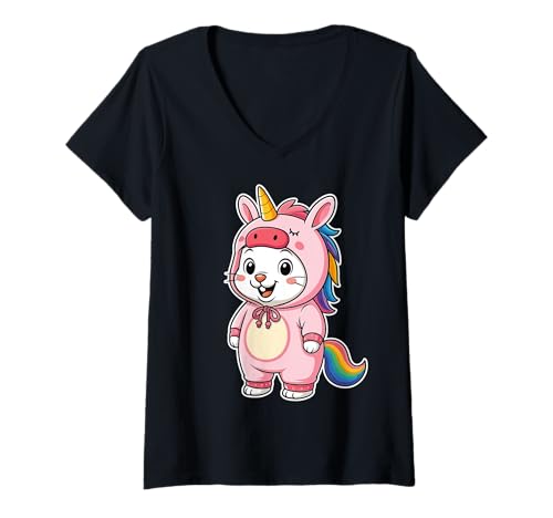 Damen Kawaii Kaninchen im Einhorn Kostüm für Mädchen Kinder Einhorn T-Shirt mit V-Ausschnitt von Rabbit In Unicorn Costume Kawaii Design