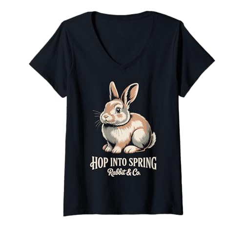 Damen Hase Hop Into Spring Rabbit T-Shirt mit V-Ausschnitt von Rabbit Lover Gifts & Tees