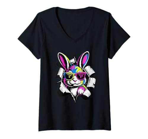 Damen Gerissener Papiereffekt Hase Sonnenbrille Hasen T-Shirt mit V-Ausschnitt von Rabbit Lover Gifts