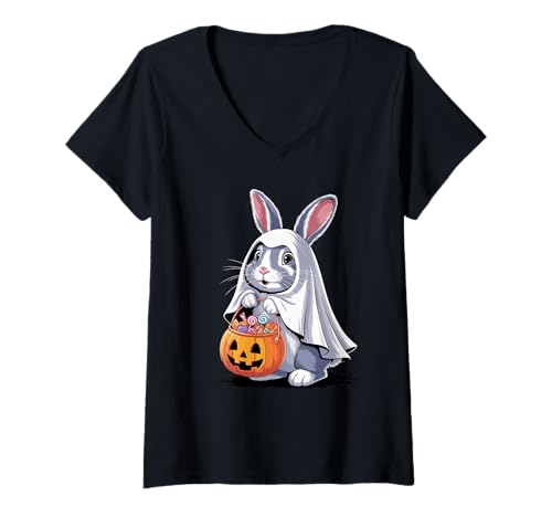 Damen Halloween Hase Geist Kürbis Süßes Oder Saures Süßigkeiten T-Shirt mit V-Ausschnitt Damen Halloween Hase Geist Kürbis Süßes Oder Saures Süßigkeiten T-Shirt mit V-Ausschnitt von Rabbit Lover Gifts
