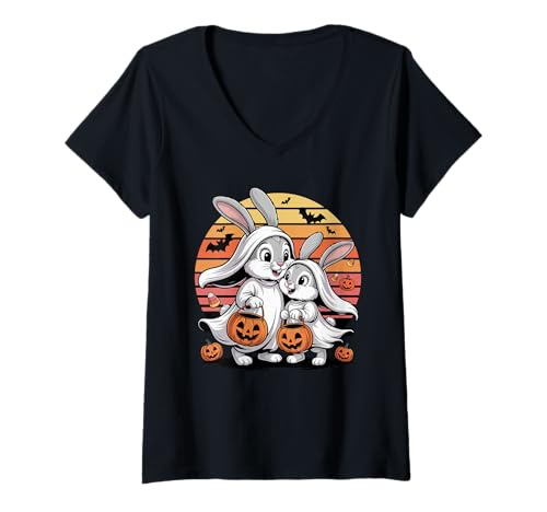 Damen Halloween Kaninchen Geist T-Shirt mit V-Ausschnitt von Rabbit Lover Gifts