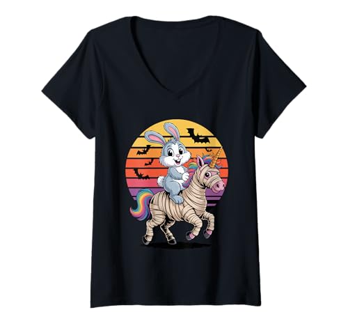 Damen Halloween Mumie Einhorn Kaninchen T-Shirt mit V-Ausschnitt Damen Halloween Mumie Einhorn Kaninchen T-Shirt mit V-Ausschnitt von Rabbit Lover Gifts