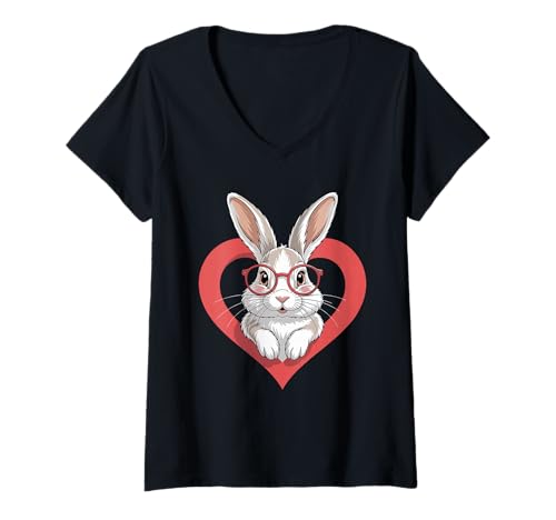 Damen Herz Hase Brille Hasen T-Shirt mit V-Ausschnitt Damen Herz Hase Brille Hasen T-Shirt mit V-Ausschnitt von Rabbit Lover Gifts