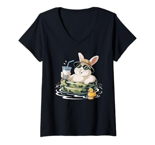 Damen Kaninchen Boba Perle Milchtee T-Shirt mit V-Ausschnitt Damen Kaninchen Boba Perle Milchtee T-Shirt mit V-Ausschnitt von Rabbit Lover Gifts