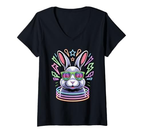 Damen Party Kaninchen Sonnenbrille T-Shirt mit V-Ausschnitt Damen Party Kaninchen Sonnenbrille T-Shirt mit V-Ausschnitt von Rabbit Lover Gifts