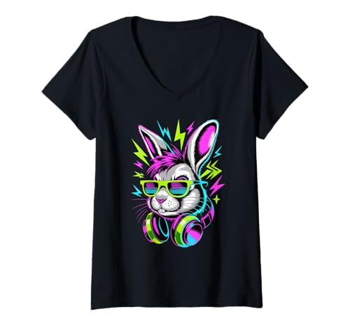 Damen Punk Ära Stil Hase Sonnenbrille Kaninchen Hasen T-Shirt mit V-Ausschnitt von Rabbit Lover Gifts