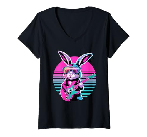 Damen Retro Hase Gitarrist Hasen Gitarre T-Shirt mit V-Ausschnitt Damen Retro Hase Gitarrist Hasen Gitarre T-Shirt mit V-Ausschnitt von Rabbit Lover Gifts