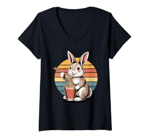Damen Retro Kaninchen Instant Becher Nudeln T-Shirt mit V-Ausschnitt Damen Retro Kaninchen Instant Becher Nudeln T-Shirt mit V-Ausschnitt von Rabbit Lover Gifts