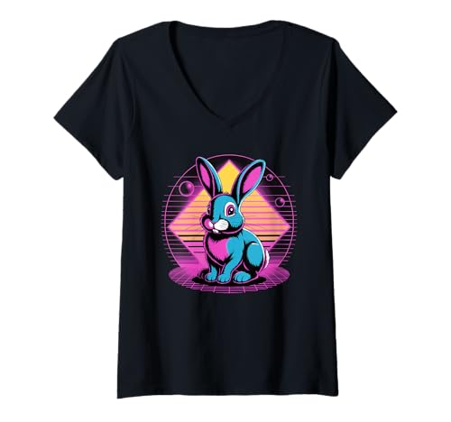 Damen Retro Synthwave Hase Hasen T-Shirt mit V-Ausschnitt Damen Retro Synthwave Hase Hasen T-Shirt mit V-Ausschnitt von Rabbit Lover Gifts