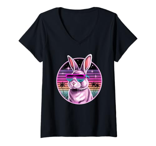 Damen Retro Synthwave Hase Kaninchen Sonnenbrille Hasen T-Shirt mit V-Ausschnitt von Rabbit Lover Gifts