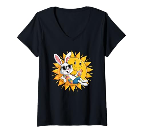 Damen Sonne Kaninchen Sonnenbrille T-Shirt mit V-Ausschnitt Damen Sonne Kaninchen Sonnenbrille T-Shirt mit V-Ausschnitt von Rabbit Lover Gifts