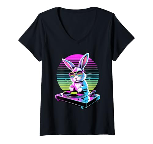 Damen Synthwave Hase DJ Sonnenbrille Hasen T-Shirt mit V-Ausschnitt Damen Synthwave Hase DJ Sonnenbrille Hasen T-Shirt mit V-Ausschnitt von Rabbit Lover Gifts