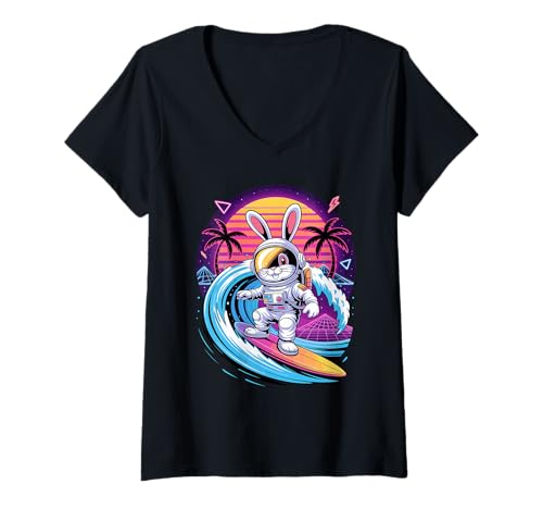Damen Synthwave Surfer Kaninchen Astronaut T-Shirt mit V-Ausschnitt Damen Synthwave Surfer Kaninchen Astronaut T-Shirt mit V-Ausschnitt von Rabbit Lover Gifts