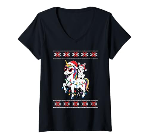 Damen Weihnachten Kaninchen Einhorn Sonnenbrille T-Shirt mit V-Ausschnitt Damen Weihnachten Kaninchen Einhorn Sonnenbrille T-Shirt mit V-Ausschnitt von Rabbit Lover Gifts