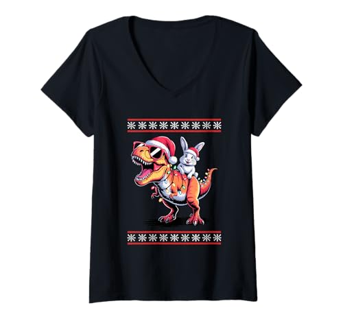Damen Weihnachten Kaninchen T-Rex Dinosaurier Tyrannosaurus Rex T-Shirt mit V-Ausschnitt Damen Weihnachten Kaninchen T-Rex Dinosaurier Tyrannosaurus Rex T-Shirt mit V-Ausschnitt von Rabbit Lover Gifts