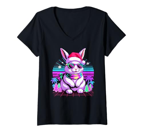 Damen Weihnachten Synthwave Kaninchen Sonnenbrille T-Shirt mit V-Ausschnitt Damen Weihnachten Synthwave Kaninchen Sonnenbrille T-Shirt mit V-Ausschnitt von Rabbit Lover Gifts