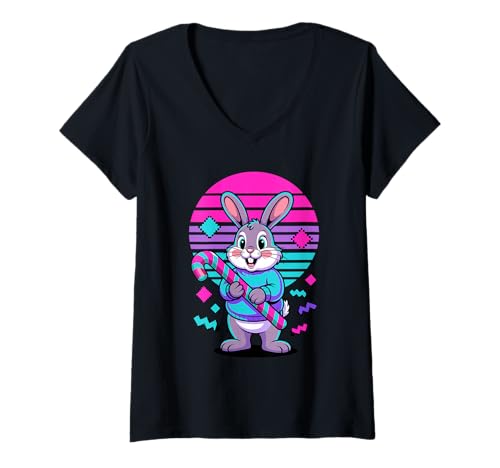 Damen Weihnachten Synthwave Kaninchen Zuckerstange T-Shirt mit V-Ausschnitt Damen Weihnachten Synthwave Kaninchen Zuckerstange T-Shirt mit V-Ausschnitt von Rabbit Lover Gifts