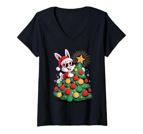 Damen Weihnachtsbaum Hase Sonnenbrille Hasen T-Shirt mit V-Ausschnitt Damen Weihnachtsbaum Hase Sonnenbrille Hasen T-Shirt mit V-Ausschnitt von Rabbit Lover Gifts